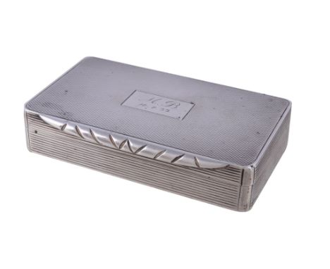  A silver rectangular snuff box by Saunders  &  Shepherd,   London 1929, engine turned to the cover and base, a chased thumbp