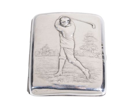  [Golf] An Edwardian silver rectangular cigarette case by Henry Matthews,   Birmingham 1902, the hinged cover embossed with a