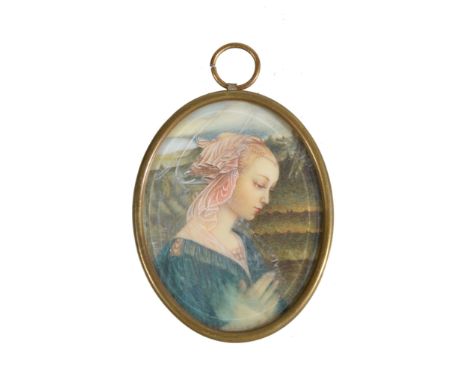 Ω After Fillippo Lippi Madonna della Roccia 20th century portrait miniature on ivory Inscribed verso 6.2cm high In a brass ov