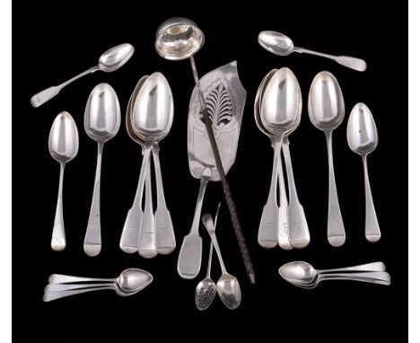  A collection of silver flatware,   including: a set of six late George III fiddle pattern table spoons by Solomon Hougham, L