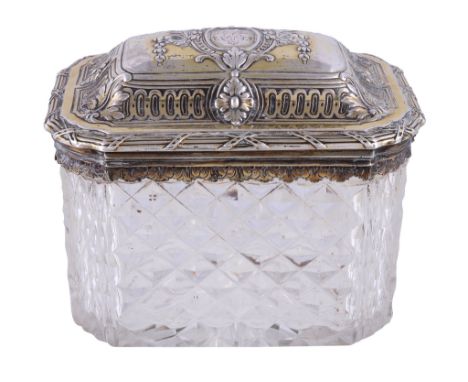  A silver gilt mounted cut glass canted-rectangular tea caddy in French taste,   no maker's mark, two sterling standard marks