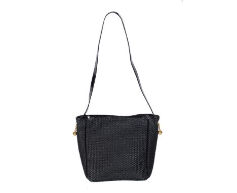  Bottega Veneta, a black woven shoulder bag,   with black patent leather shoulder strap, press button fastener opening to a b