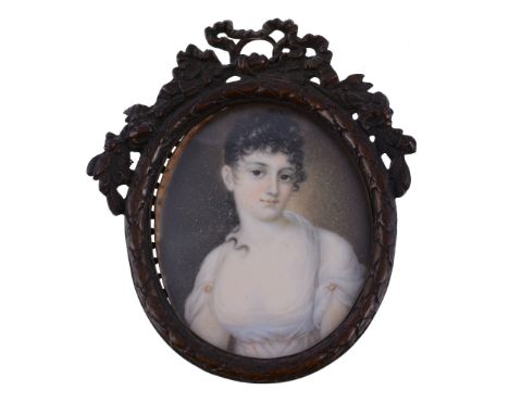 Ω Italian School, early 19th century Portrait of Lady Warren, wearing a white dress, ringlets in her hair Watercolour on ivor