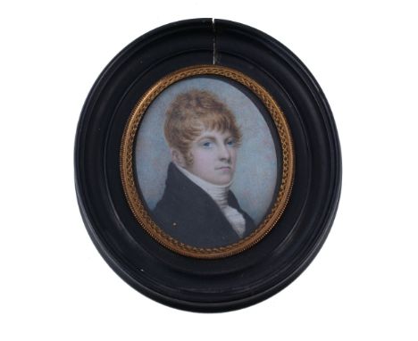 Ω English School, circa 1815 Portrait of a ginger haired young man Watercolour on ivory 6.3cm x 5.3cm, oval In an oval ebonis