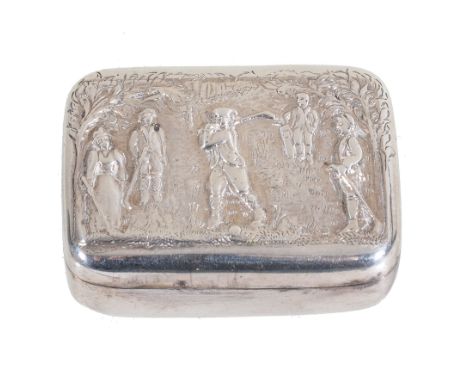  [Golf] A late Victorian silver rectangular snuff box by Levi  &  Salaman,   Birmingham 1896, the cover embossed with a golfi