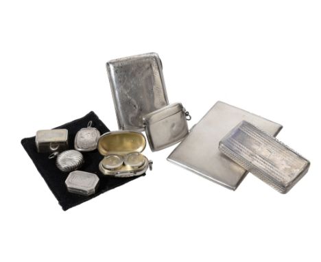  A collection of silver boxes,   comprising: a George III canted-rectangular vinaigrette by Robert Urquhart, London 1801, a V