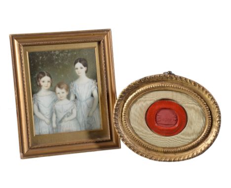 Ω English School (19th century) A group portrait of three young sisters in white dresses Watercolour on ivory 12cm x 10cm In 