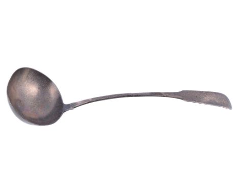  A George IV Irish silver fiddle pattern soup ladle by Richard Garde of Cork,   Dublin 1827, engraved with a crest, 36cm (14i