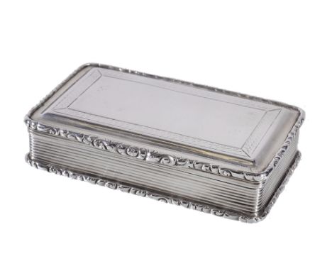  An early Victorian silver rectangular snuff box by Nathaniel Mills,   Birmingham 1838 (William IV duty mark), with scroll ch