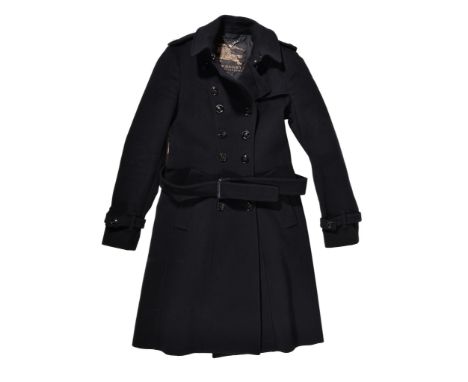  Burberry, a black wool and cashmere coat,   with a double breasted button down front and two front pockets, size 42 