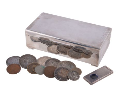  A silver rectangular cigarette box by Adie Bros,   Birmingham 1938, the cover engine turned with an Art Deco style block bor