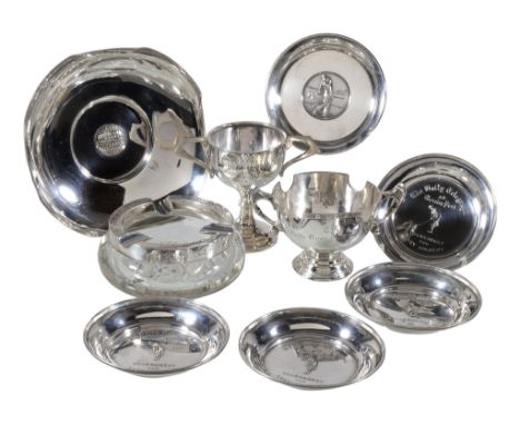  [Golf] A group of silver,   comprising: a shaped circular dish by William Hutton  &  Sons, Birmingham 1913, embossed to the 