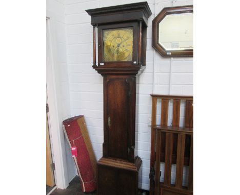 A late 18th century oak longcase clock having square pillar hood containing brass face and false 30 hour movement by Parkinso