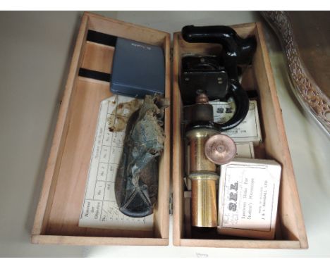 A 19th century leather child's first shoe, a vintage student microscope and a pinchbeck cameo