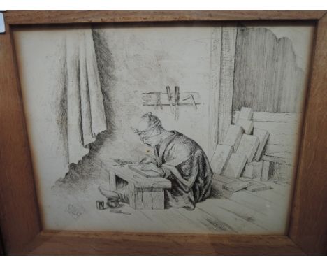 A pair of pen and ink sketches, 19th century Chinese engraving, indistinctly signed and blind stamped ESK and a similar sketc