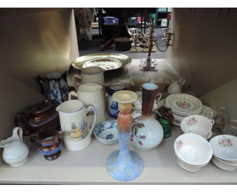 A selection of ceramics and glassware including lustre, teapot, Empire ware candlestick etc