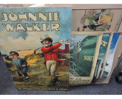 A selection of ephemera, including Raphael Tuck print, railway poster reprints and Johnnie Walker golf poster reprint