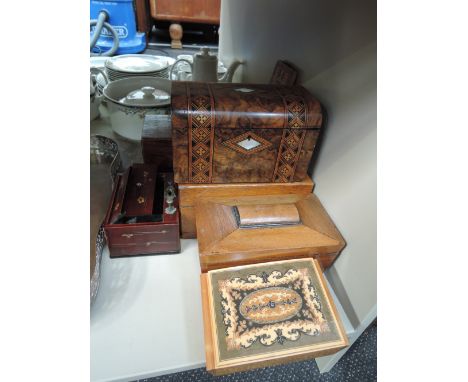 A selection of miscellaneous including Regency mahogany caddy, Tunbridgeware caddy, Sorrento musical box, 1920's lacquered ci