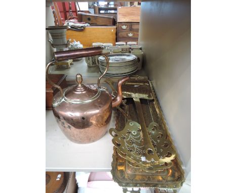 A vintage copper kettle, brass skillets and a Benares brass tray