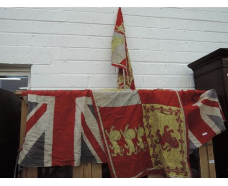 A selection of vintage flags, parasols and walking canes, including HM silver etc