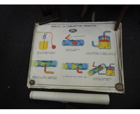 A collection of vintage Ford wall charts including coil ignition, four stroke engine etc