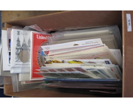 Box of various coin &amp; medalion covers &amp; First Day Covers with a few coin year sets. (B.P. 24% incl. VAT)