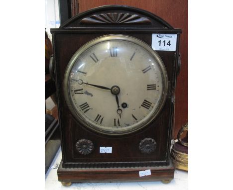 Early 19th Century mahogany single train bracket clock having printed Roman face, arch top with flute moulding, two loop hand