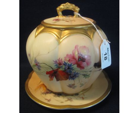 Royal Worcester porcelain melon shaped jar and cover, with overall painted floral decoration featuring butterflies and bees o
