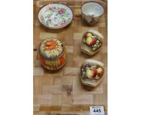 19th Century tea bowl and saucer in oriental taste, together with a pair of Royal Worcester porcelain baluster vases decorate