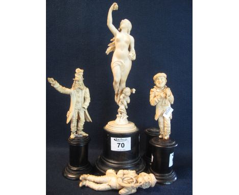 A group of appearing European carved ivory figures to include; goddess with flowers and cherub on socle base (overall 32cm hi