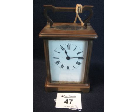Early 20th Century French brass carriage clock with full depth Roman face and key. (B.P. 24% incl. VAT)