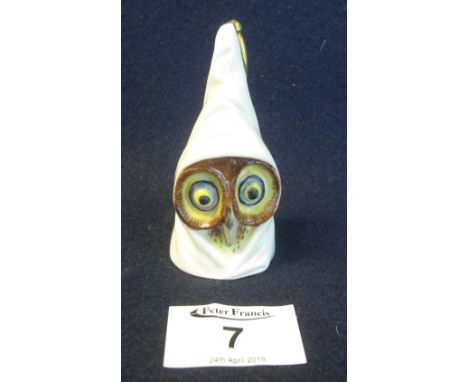 Royal Worcester porcelain candle snuffer in the form of a hooded owl, printed marks with painted H initial. 8cm high approx. 