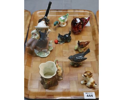 Tray of china to include; Lladro figure of a girl with basket of flowers, Goebel and Beswick wild birds, Royal Dux duck. (B.P