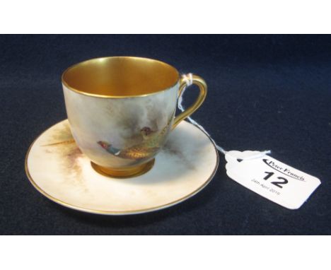 Royal Worcester porcelain coffee cup and saucer, painted with pheasants on a white and gilded ground and signed by James Stin