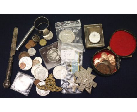 Bag of assorted items to include; QE II crowns, napkin ring, military medal, military insignia, stud box etc. (B.P. 24% incl.