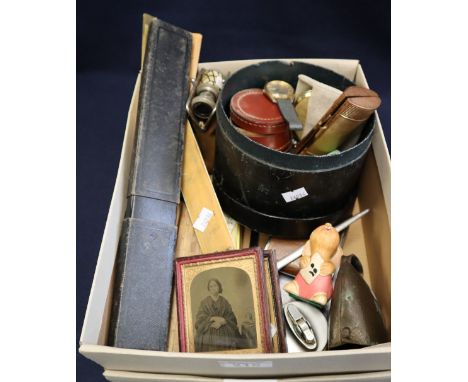 Box of assorted items including; scale rules and slide rule, collar box, opera glasses, two ambrotype portraits, wristwatch, 