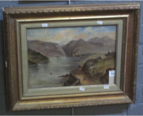 British School (19th Century), Snowdonia mountain landscape with figures on a byway, oils on canvas. 28 x 38cm approx, gilt g