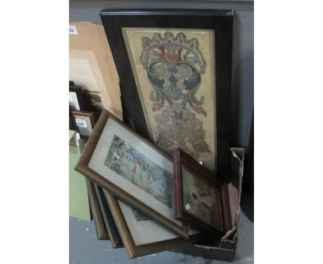 Assortment of furnishing pictures, portrait study and a framed embroidered panel. (B.P. 24% incl. VAT)