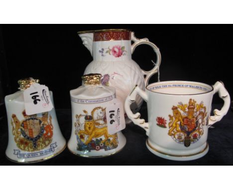 Coalport 'The Caughley' mask head jug, together with two Aynsley commemorative bells and an Aynsley commemorative Prince of W