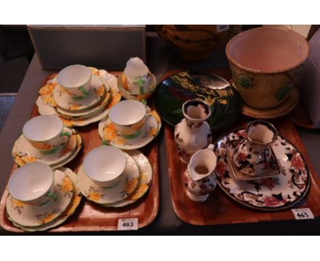 Tray of Aynsley bone china registration no. 765788 teaware on a white ground with yellow roses and foliage, to include; cups,