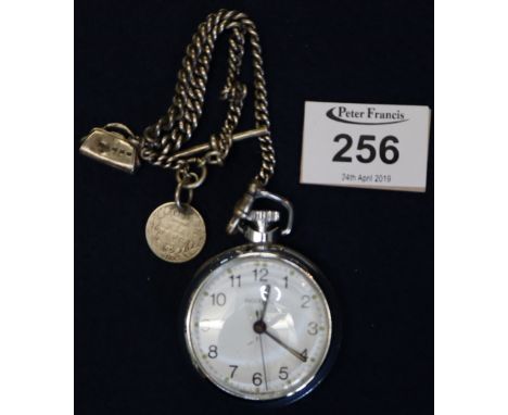 Chrome metal keyless Ingersoll pocket watch, together with silver short Albert chain with T bar, six pence and handbag charm.