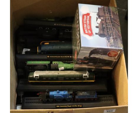 Box of assorted plastic model locomotives and tenders on plastic bases, together with British Steam of Yesteryear dvd collect
