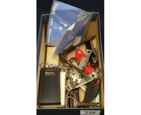 Box of assorted items to include; large collection of corkscrews, bottle openers etc, Zippo cigarette lighter in original box