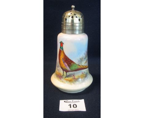 Worcester Locke & Co porcelain sugar sifter with hand painted pheasant amongst foliage signed W. Stinton. Shape number 1020.(