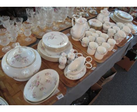 Five trays of Mayfair fine bone china, floral coffee tea and dinnerware items various to include: cups, saucers, teapot, plat