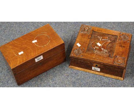 Carved oak box with inset maritime panel, together with an oak tea caddy lacking its interior. (2)(B.P. 24% incl. VAT)