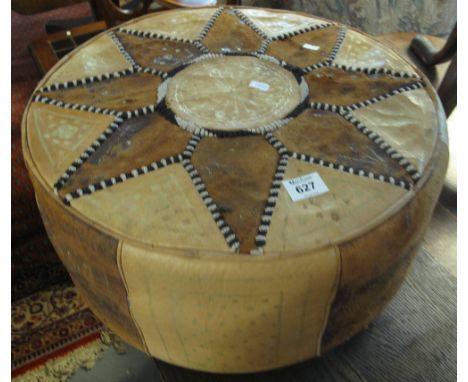 Modern circular leather and fabric stitched pouffe. (B.P. 24% incl. VAT)