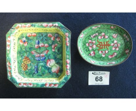 Two small Canton enamelled metal pin trays (one rectangular, one oval). (2)(B.P. 24% incl. VAT)   CONDITION REPORT: Losses to