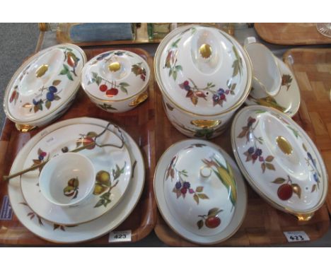 Two trays of Royal Worcester Evesham oven to tableware items to include cake stand, sauce boat, taurines, butter dish and sta