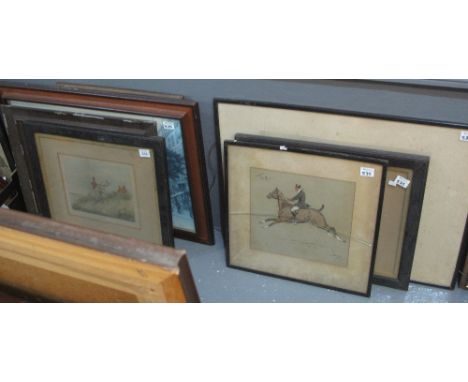 Two hunting prints, one large carriage print and a Medici type old master print, together with Snaffles print 'The Nut', a Ce